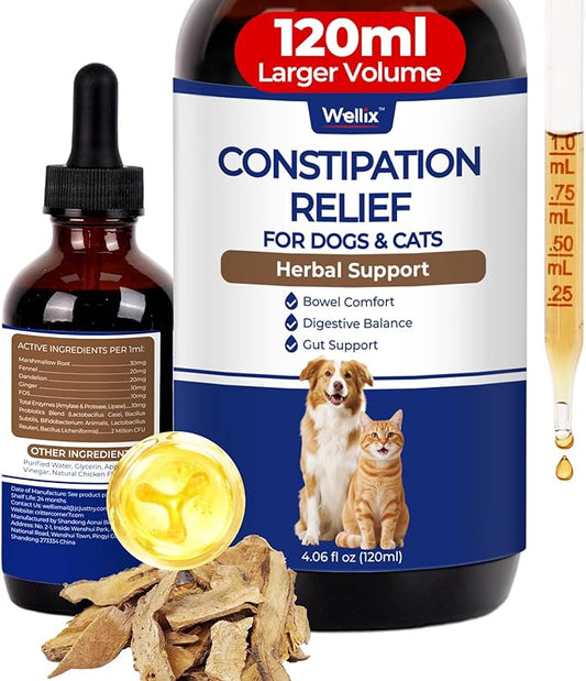 Wellix 4oz Cat & Dog Constipation Relief - Liquid Stool Softener with Dandelion Root, Prebiotics and Probiotics for Cats & Dogs - Natural Laxative for Gas and Tummy Relief - Chicken Flavor