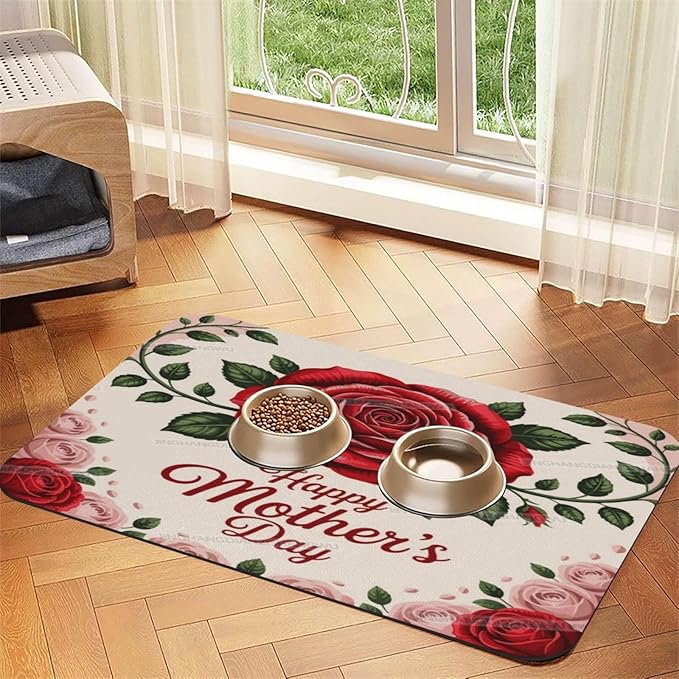 Dog Food Mat Dog Mat for Food and Water 18X12In Happy Mother's Day Floral Gift Mom Kb No Stains Cat Pet Feeding Mats Water Bowl for Messy Drinkers
