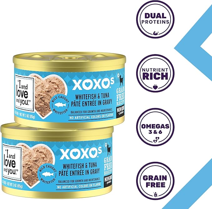 I and Love and You XOXOs Wet Cat Food - Whitefish + Tuna Pâté - Grain Free, Filler Free, 3oz Pack of 24 Cans