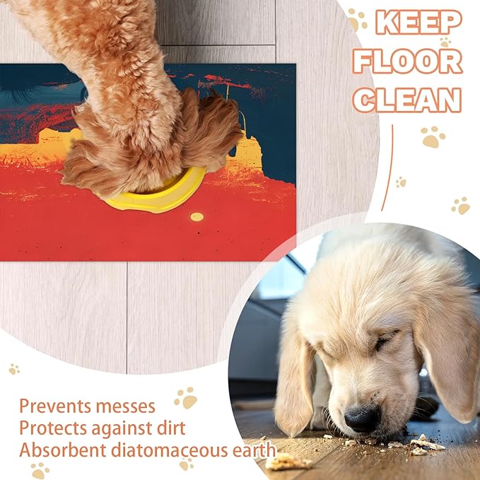 Sunrise Cactus Dog Food Mat for Floors Absorbent, Quick Dry Water Dispenser Mat for Food, Water, Pet Supplies 17" x 30", Mountain