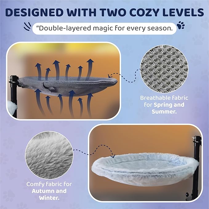 2-Tier Large Cat Desk Bed with Dual Hammocks | Ultra-Soft Removable Fur & Breathable Mesh Pads | Desk-Mounted Perch for One or Multiple Cats | Bonus Feather Toy Included