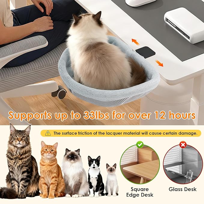 Cat Desk Bed with 2 Nests, One-Click Folding & Hanging Desk Cat Bed Attachment with Washable Winter & Summer Dual Nests, Cat Hammock Supports Large Cats up to 33lbs, Light Grey