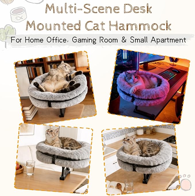 Cat Bed for Desk 360° Rotating, Cat Desk Bed with Adjustable Height, Removable Desk Mounted Kitty Bed with Soft Fur, Desktop Cat's Hammock Supports 33 lbs for Table Home Office Indoor