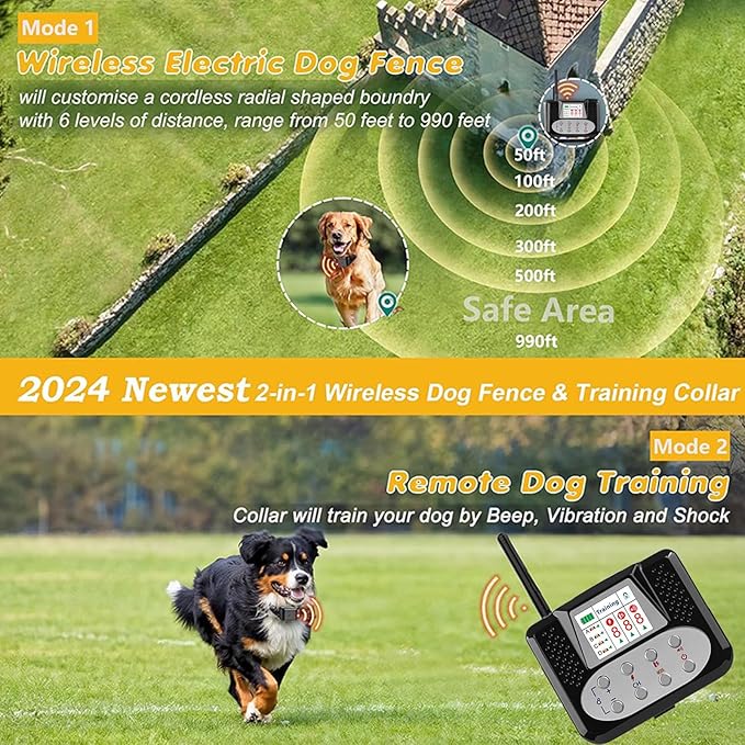 Wireless Dog Fence, Electric Dog Fence & Remote Training Collar 2 in 1, Vibration & Shock, IP67 Waterproof Receiver, 3 Modes, 2026 Pet Boundary Containment System for 1/2/3/4 Dogs,for2dogs