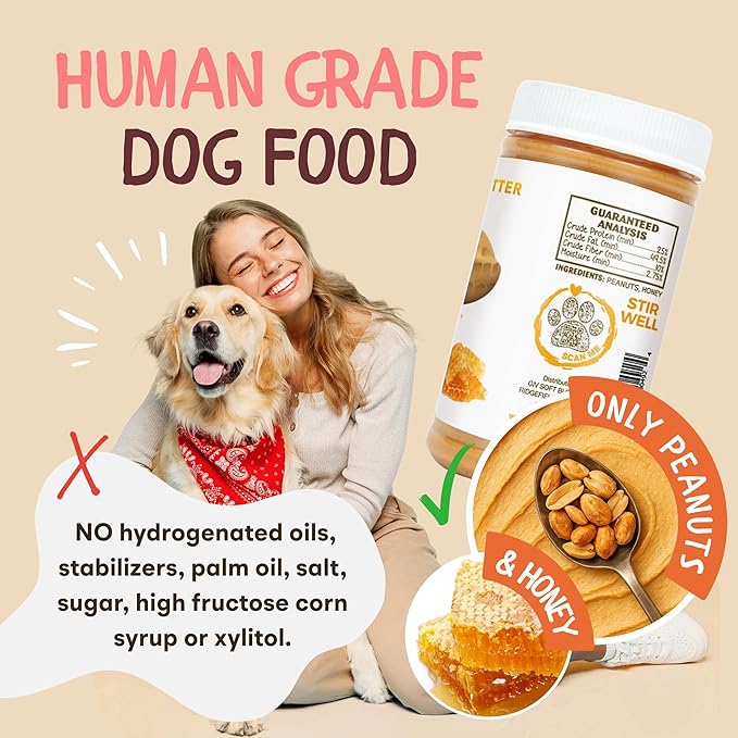 Dog Peanut Butter - All Natural Human Grade - 2 Ingredients (Peanuts & Honey) - Perfect for Pill Pockets, Training Treats and Healthy Food, 12oz Jar, 4oz Pouch & Lick Mat