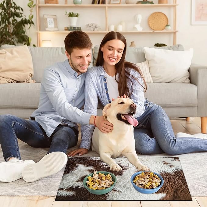 Cow Print Dog Food Mat for Floors Absorbent Dog Bowl Mat for Food and Water Dispenser Quick Dry Cat Food Placemat Pet Supplies 24" x 32", Brown Skin