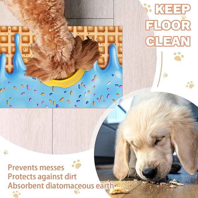 Blue Ice Cream Dog Food Mat for Floors Absorbent Dog Bowl Mat for Food and Water Dispenser Quick Dry Cat Food Placemat Pet Supplies 16" x 24", Waffle