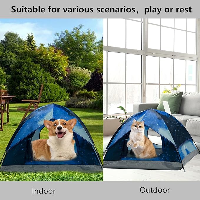 Outdoor Waterproof Pet Camping Tent, Cave Bed for Indoor Cats and Small Dogs, Portable Cat House Dog House, 21.6x21.6x14.9'', Navy Blue, S. (The Pole has Been Improved)