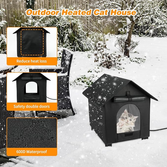 BWOGUE Elevated Heated Cat House for Outdoor Cats in Winter, Waterproof & Insulated Feral Cat Shelter for Outside Cats,Weatherproof Feral Cat House for Outside (Black, L)