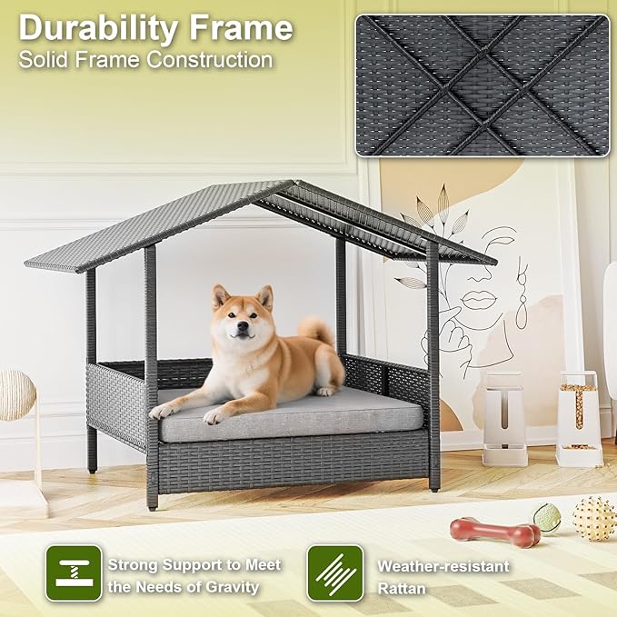 Waleaf Wicker Dog House Outdoor Indoor with Canopy and Removable Cushion, Elevated Rattan Dog Bed Shelter for Small/Medium Dogs, Weather Proof Cushion Cover Pet Cabana for Patio, Deck, Pool, Yard