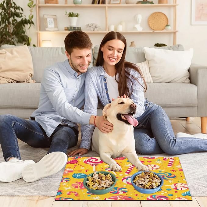 Lollipop Dog Food Mat for Floors Absorbent Dog Bowl Mat for Food and Water Dispenser Quick Dry Cat Food Placemat Pet Supplies 12" x 20", Colorful Candy
