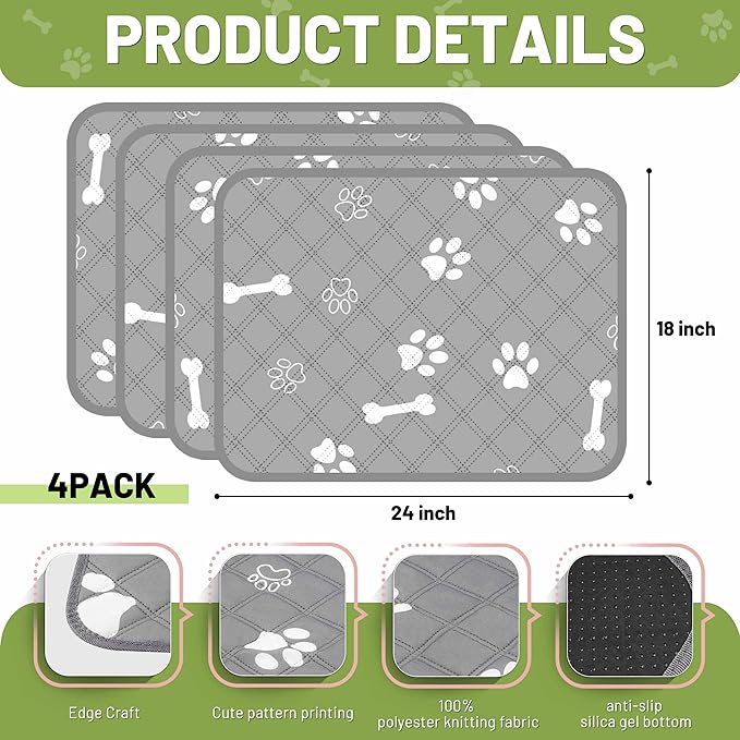 PatiencET Washable Pee Pads for Dogs, 18" x 24" 4 Pack, Reusable Puppy Training Pads with Super Absorbent Core & Non-Slip Waterproof Bottom, Value Set for Small Dogs