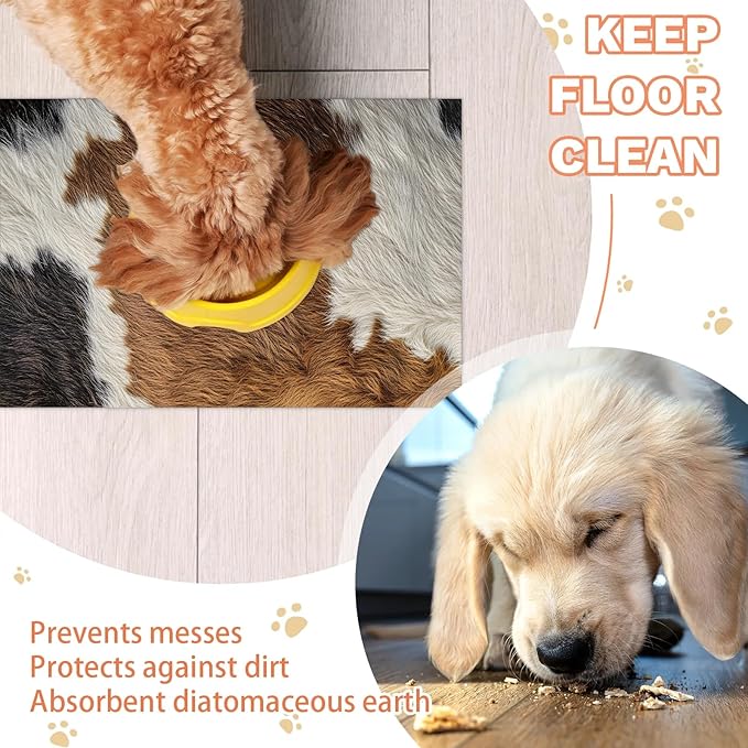 Cow Print Dog Food Mat for Floors Absorbent Dog Bowl Mat for Food and Water Dispenser Quick Dry Cat Food Placemat Pet Supplies 17" x 30", Brown Skin