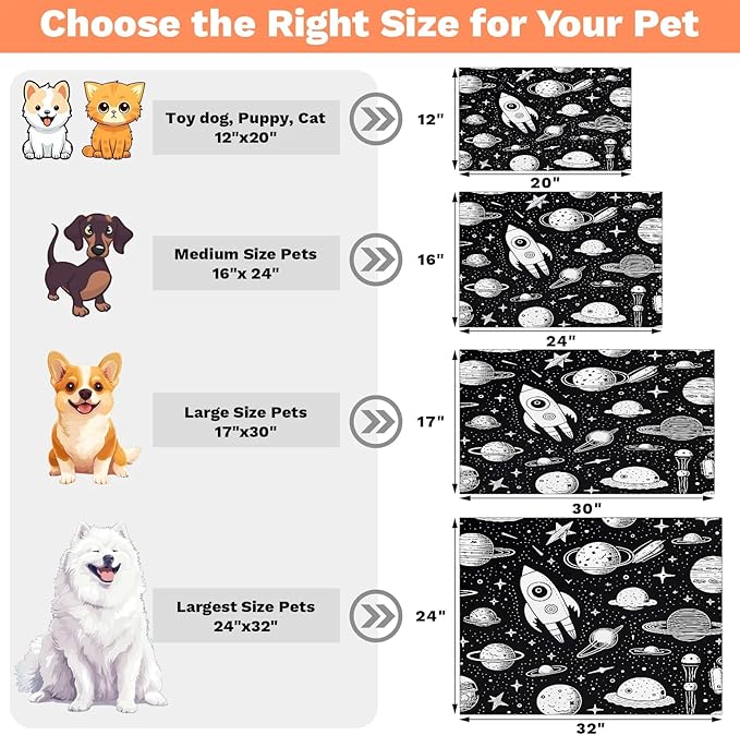 Outer Space Dog Food Mat for Floors Absorbent, Quick Dry Water Dispenser Mat for Food, Water, Pet Supplies 17" x 30", Space Rocket