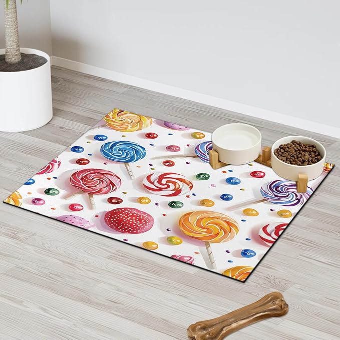 Rainbow Lollipop Dog Food Mat for Floors Absorbent Dog Bowl Mat for Food and Water Dispenser Quick Dry Cat Food Placemat Pet Supplies 24" x 32", Sweet Theme