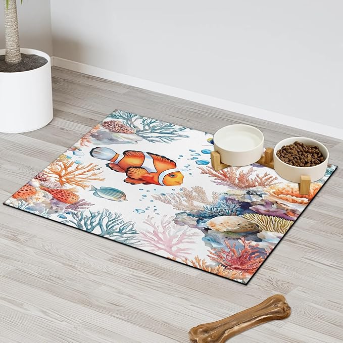 Colorful Fish Dog Food Mat for Floors Absorbent Dog Bowl Mat for Food and Water Dispenser Quick Dry Cat Food Placemat Pet Supplies 16" x 24", Ocean Underwater World