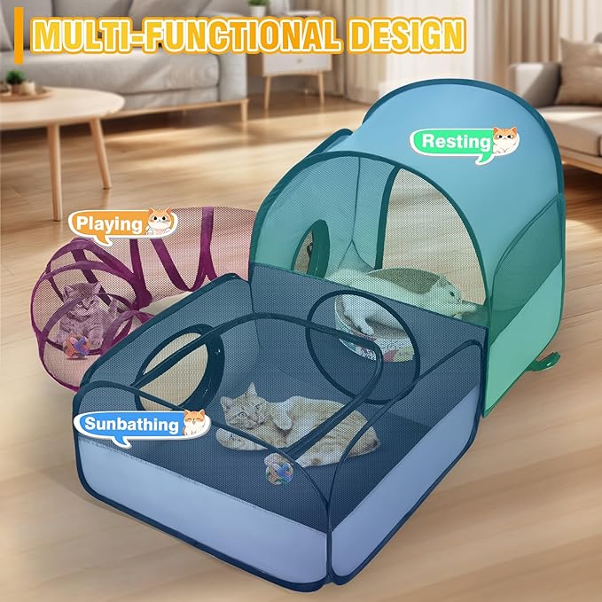 Portable Cat Playpen with Surround Tunnel, 2-Linked-Enclosed Areas, Ideal Cat Tent Outdoor or Cat Playpen for Indoor Cats Enclosed.Breathable Mesh Design for Indoor & Outdoor Use(Grey)