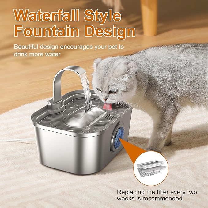 Bobo&Dragon Cat Water Fountain Stainless Steel, 124oz/3.5L Cat Drinking Fountain, Automatic Dog Water Dispenser Indoor, Water Bowl for Cats Dogs Pets Built-in 4+4 Replacement Filters