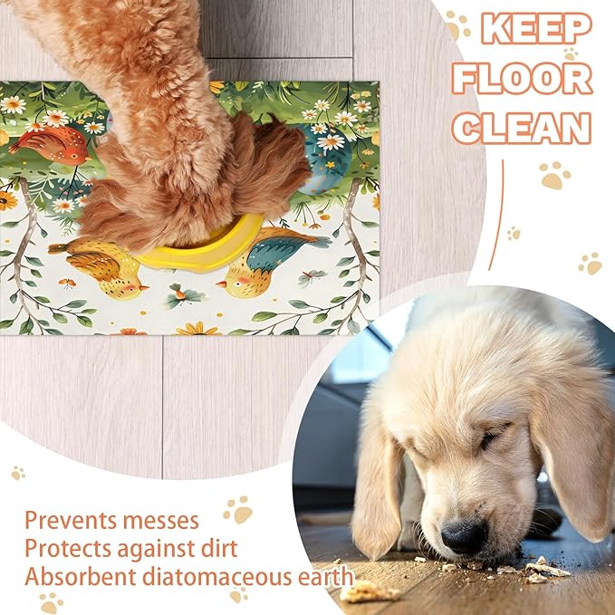 Easter Eggs Dog Food Mat for Floors Absorbent Dog Bowl Mat for Food and Water Dispenser Quick Dry Cat Food Placemat Pet Supplies 24" x 32", Floral Bird