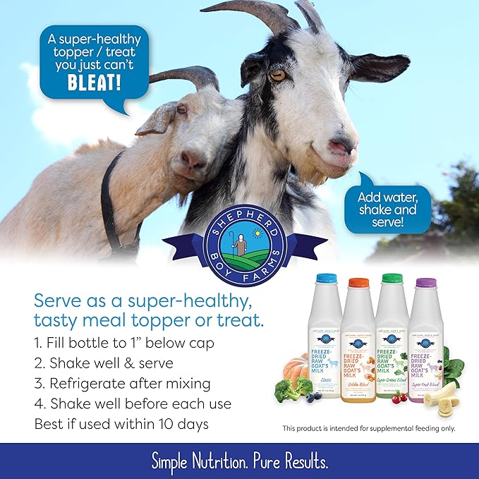 Shepherd Boy Farms Freeze Dried Raw Goats Milk with Probiotics for Dogs & Cats (Classic), High Protein Digestible Goat Milk for Sensitive Stomachs, Food Topper, Dog Camping Essentials - Makes 32 FL OZ