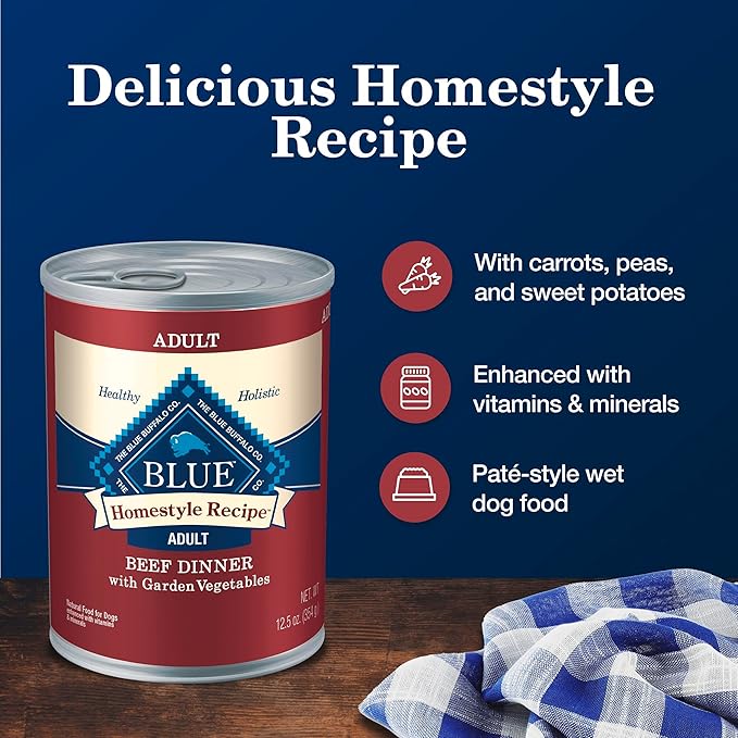 Blue Buffalo Homestyle Recipe Beef Dinner with Garden Vegetables Wet Dog Food for Adult Dogs, Chicken Recipe, 12.5 oz. Cans, 3 Count