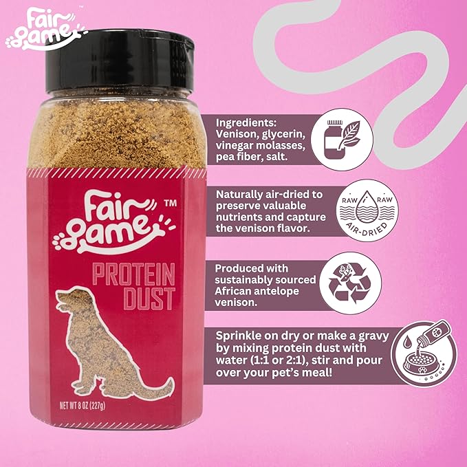Fair Game Protein Dust Dog Food Topper, Free Range African Venison, High Protein 30%, Hormone Free, Air-Dried, 8 Oz