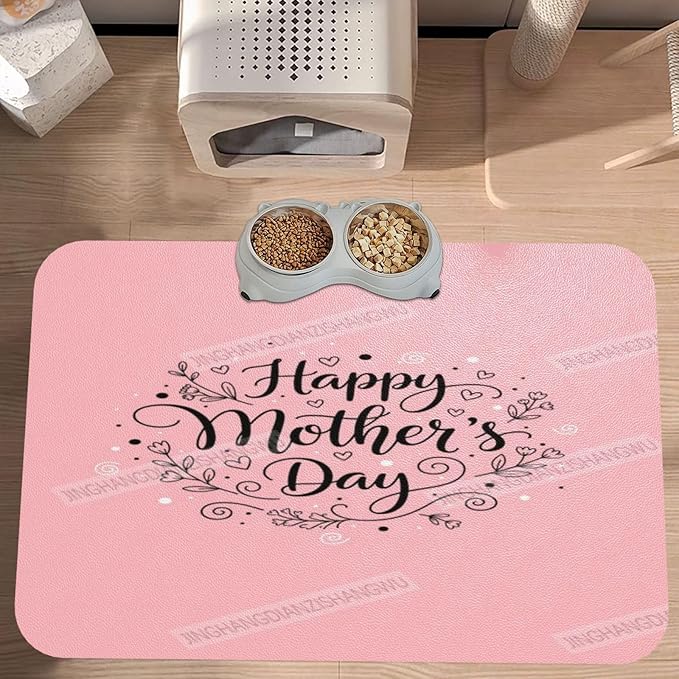 Non Slip Mat for Dog Pet Cat Dog Food Mats Happy Mother's Day Floral Gift for Mom Em Water Bowl Mat Quick Dry Absorbent Cat Feeding Mats 24x16In