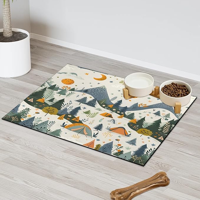 Boho Camping Dog Food Mat for Floors Absorbent, Quick Dry Water Dispenser Mat for Food, Water, Pet Supplies 12" x 20", Mountain Forest