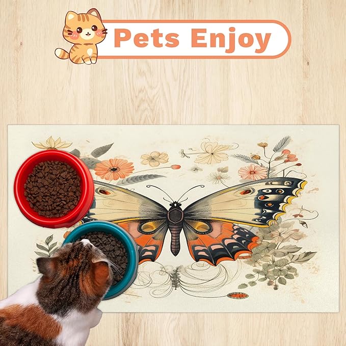 Boho Butterfly Dog Food Mat for Floors Absorbent, Quick Dry Water Dispenser Mat for Food, Water, Pet Supplies 16" x 24", Watercolor Floral