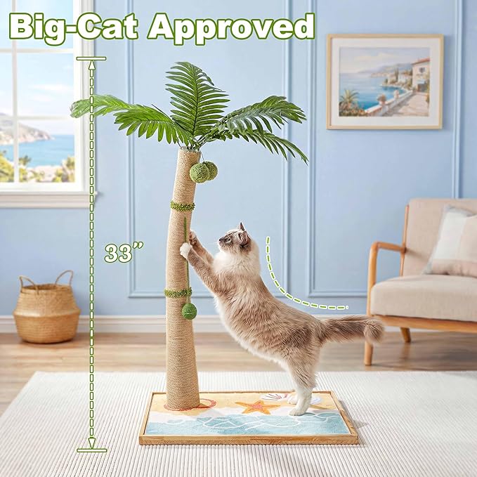 Palm Tree Cat Scratching Post, 43" Tall Carpet Cat Scratcher with Perch for Indoor Cats, Large Base Sisal Scratch Post for Adults & Kittens with Dangling Ball Toy