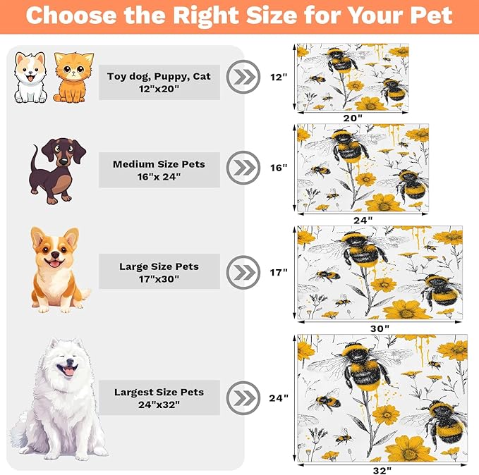 Boho Bee Dog Food Mat for Floors Absorbent, Quick Dry Water Dispenser Mat for Food, Water, Pet Supplies 17" x 30", Yellow Flower