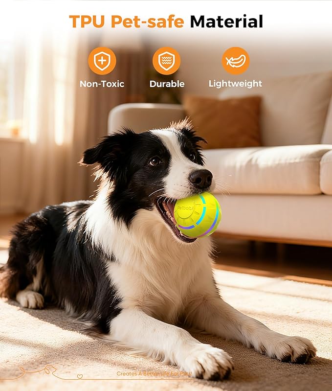 Petbobi Interactive Dog Toys – USB Rechargeable Automatic Rolling Ball with LED Lights, Active Bouncing Ball for Small Medium Pets to Exercise, Dog Toys to Keep Them Busy, Durable TPU Shell, Yellow