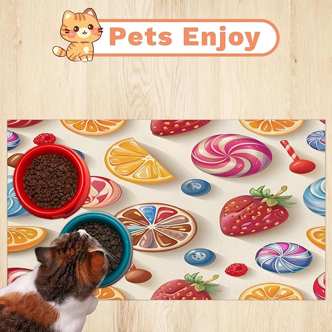 Candyland Party Dog Food Mat for Floors Absorbent Dog Bowl Mat for Food and Water Dispenser Quick Dry Cat Food Placemat Pet Supplies 17" x 30", Sweet Candy
