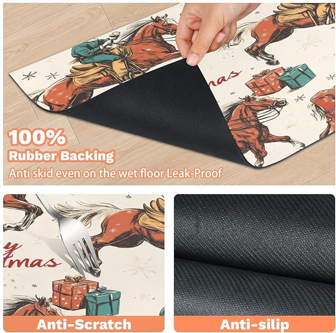 Western Cowboy Dog Food Mat for Floors Absorbent, Quick Dry Water Dispenser Mat for Food, Water, Pet Supplies 17" x 30", Merry Christmas