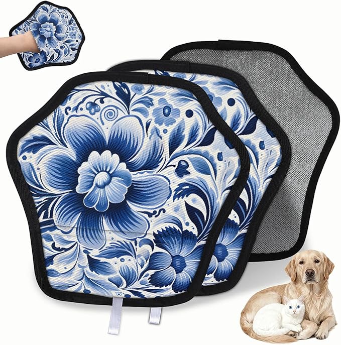 Blue White Flowers Electrostatic Pet Hair Removal Glove for Cats & Dogs - Reusable Grooming Mitt for Couch, Carpet, Car Seat & Laundry - Large 9x9 Inch