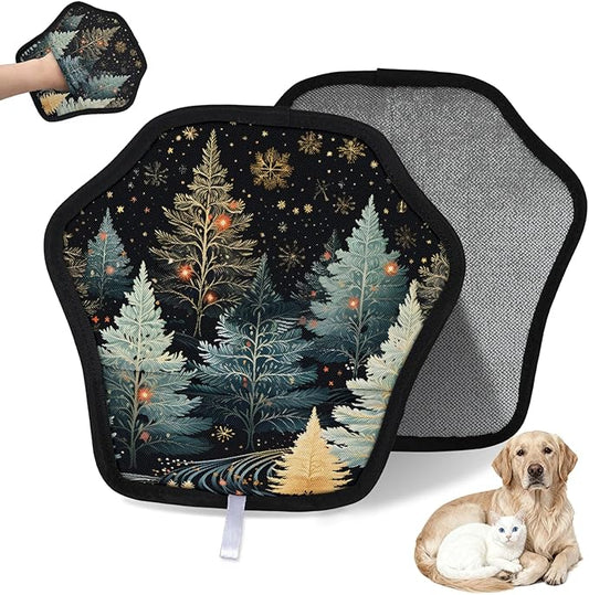 Reusable Pet Hair Removal Glove Winter Trees Theme Magic Brush for Cat & Dog Hair Remover for Car, Sofa, Bedding, Clothes - 9x9 Mitt Washable
