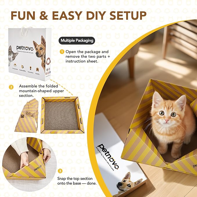 PETNOVO Foldable Cat Bed & House for Travel – Origami Cardboard Cat House with Built-in Honeycomb Scratcher Pad, No-Tools Assembly, FSC-Certified Recyclable, Yellow, 18.5" L x 18.5" W x 11.8" H