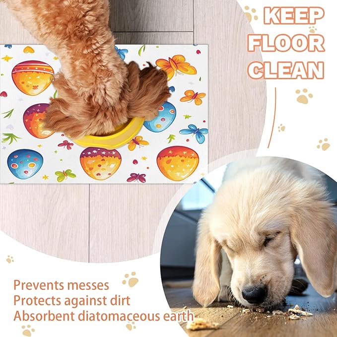 Spring Easter Dog Food Mat for Floors Absorbent Dog Bowl Mat for Food and Water Dispenser Quick Dry Cat Food Placemat Pet Supplies 12" x 20", Spring Butterfly
