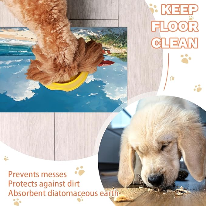 Beach Scene Dog Food Mat for Floors Absorbent, Quick Dry Water Dispenser Mat for Food, Water, Pet Supplies 24" x 32", Summer Seaside