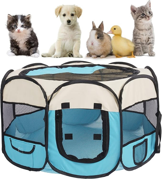 Pet Cat Playpen for Indoor Cats Enclosed,Puppy Small Dog Cat Tent Crates Cage,Portable Pet Dog Playpen,29x29x16,Blue/Beige,1Pack