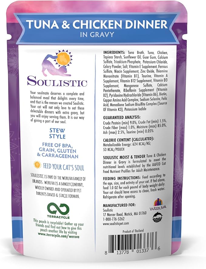 Soulistic Moist and Tender, Tuna and Chicken Dinner in Gravy, 3oz Pouch, Pack of 8