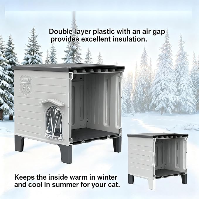 Plastic Outdoor Cat House with Insulated Liner Heating Mat Weatherproof for Feral Cat, Elevated Cat Shelter with Escape Door, Easy Assemble, Expansive Interior‌ Grey 27.0" L x 27.0" W x 21.0" H
