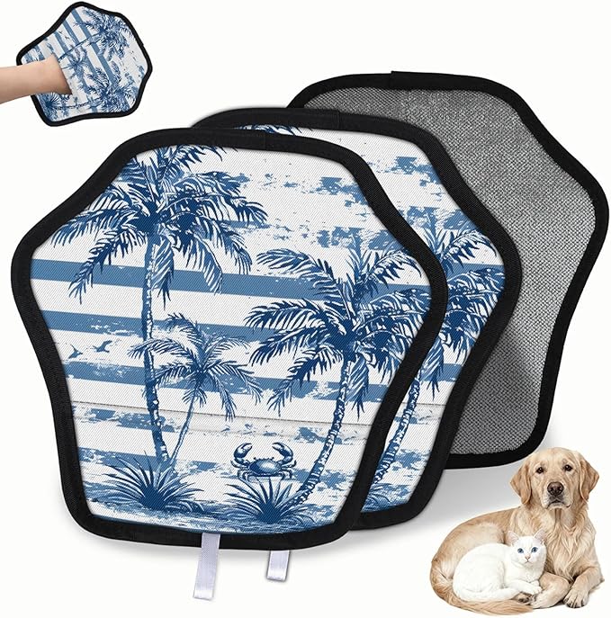 Reusable Pet Hair Removal Glove Palm Trees Crab Magic Brush for Cat & Dog Hair Remover for Car, Sofa, Bedding, Clothes - 9x9 Mitt Washable