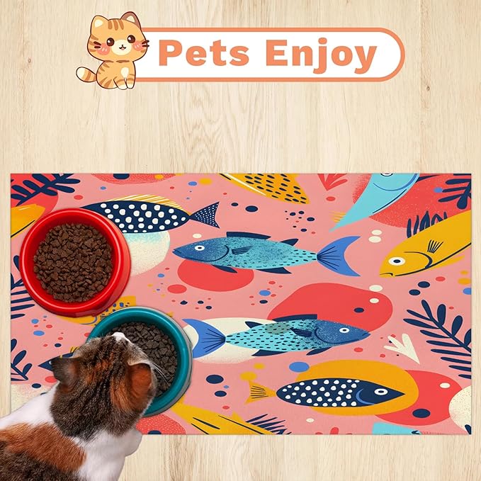 Tropical Fish Dog Food Mat for Floors Absorbent Dog Bowl Mat for Food and Water Dispenser Quick Dry Cat Food Placemat Pet Supplies 17" x 30", Coral