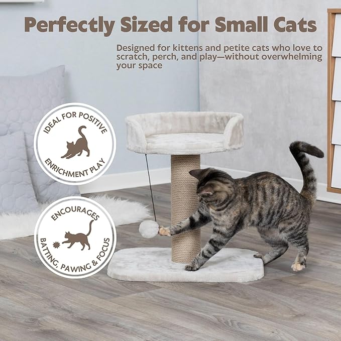 Trixie Mica Cat Scratching Post 18.1 Inch - Cat Scratcher with Soft Fabric Covering Base and Durable Sisal Rope - with Padded Platform & Dangling Cat Toy - in Greige