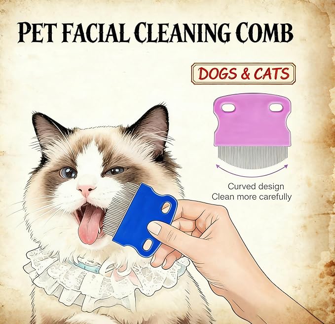 2 Pack Pet Tear Stain Remover Comb - Stainless Steel Gentle Round-Head Grooming Tool for Cats & Dogs, Removes Fleas, Lice, Dirt & Debris from Eye Area