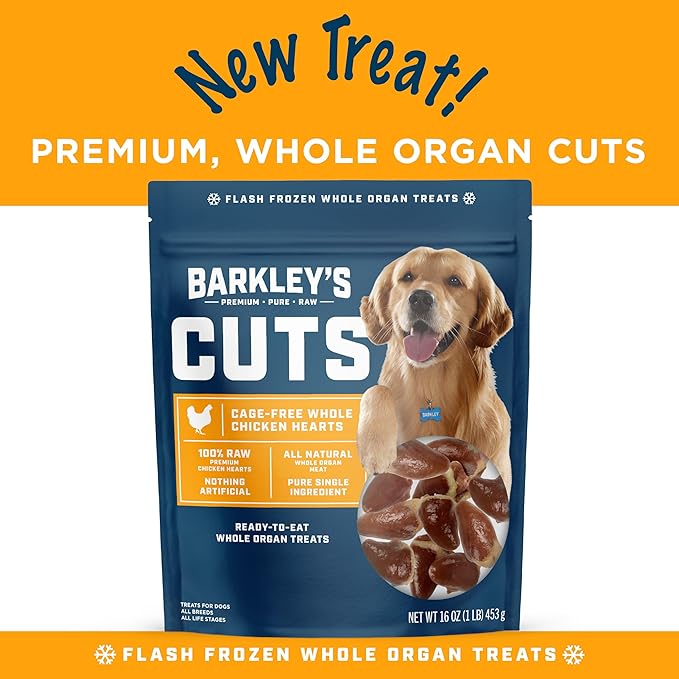 Barkley’s Cuts, Frozen Raw Whole Chicken Hearts Dog Treats, Single Ingredient, Flash Frozen, High Protein Training Treats and Food Toppers for Puppies and Dogs, Human Grade Ingredients, 16 Oz Bag