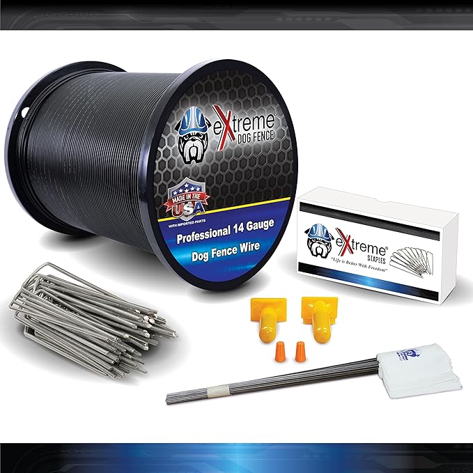 Dog Fence Wire Setup Kit - 1000 Feet of 14 Gauge Wire, 100 Training Flags, 200 Staples and 2 Pro Grade Splice Kits for 1 Acre - Compatible with All Electric Dog Fence Brands and Models