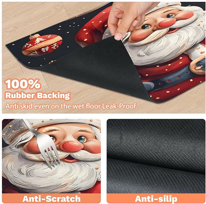 Santa Claus Dog Food Mat for Floors Absorbent, Quick Dry Water Dispenser Mat for Food, Water, Pet Supplies 16" x 24", Xmas Balls
