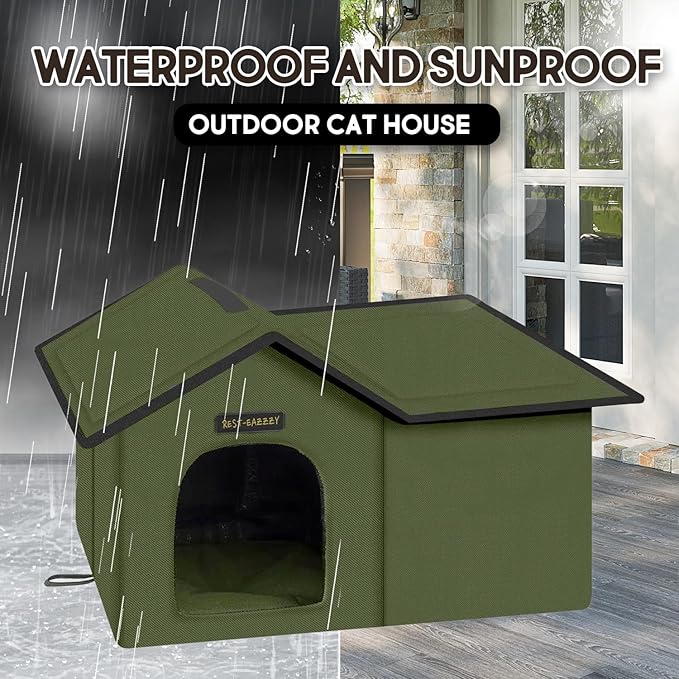 Rest-Eazzzy Cat House for Outdoor Cats, Weatherproof and Insulated Feral Cat House with Mat and Clip, Easy to Put Together, Selfwarming Cat Shelter for Winter(Green, Waterproof House-S)